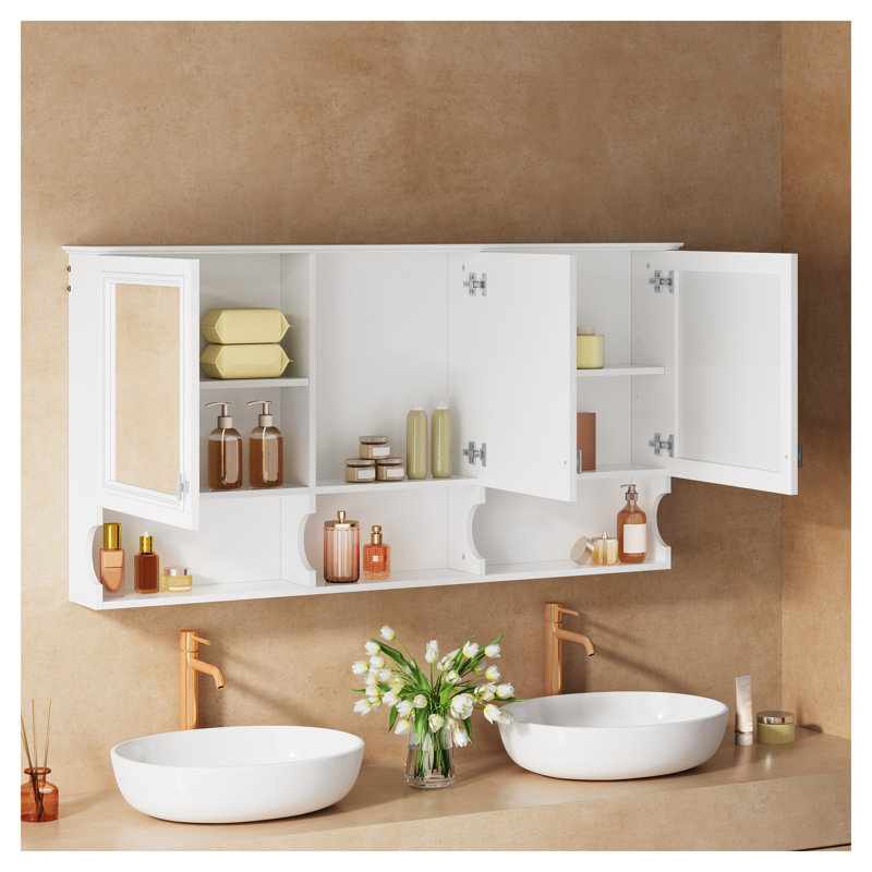 Armoire à pharmacie 55 po avec tablettes ouvertes - Armoire de rangement murale avec tablette réglable et porte miroir pour l'organisation au-dessus de la toilette, fabrication en bois massif blanc