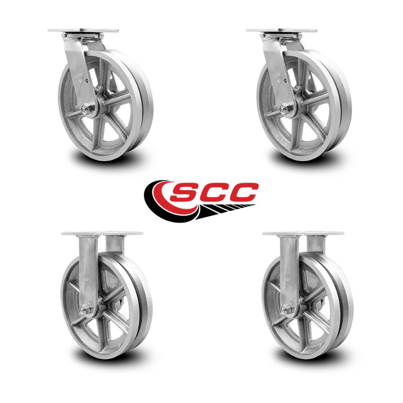 8 Inch V Groove Semi Steel Caster Set with Roller Bearings 2 Swivel 2 Rigid SCC