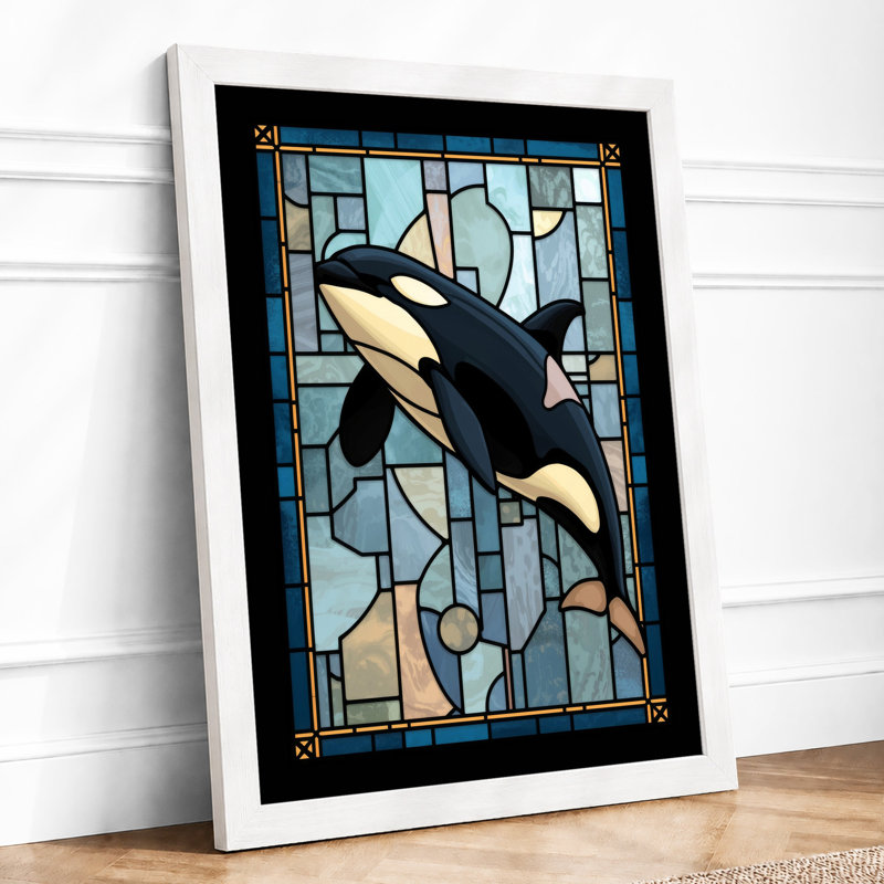 Stained Glass Orca Geometric - Framed Print, A3 - 42.0 x 29.7 cm, White