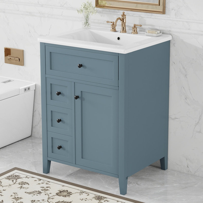 Meuble-lavabo 24 po gris avec lavabo, panneau de fibres à densité moyenne et bois d'hévéa, 3 tiroirs et armoire avec tablettes réglables, L 24 po x l 18,3 po x H 33,9 po, bois massif et panneau de fibres à densité moyenne, 1 pièce, meuble-lavabo bleu gris et bois d'hévéa Pieds