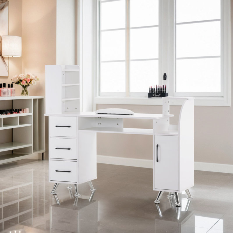 Ingrim Vanity Makeup Desk, Manicure Table with Shelf and Cabinet, Silver/White