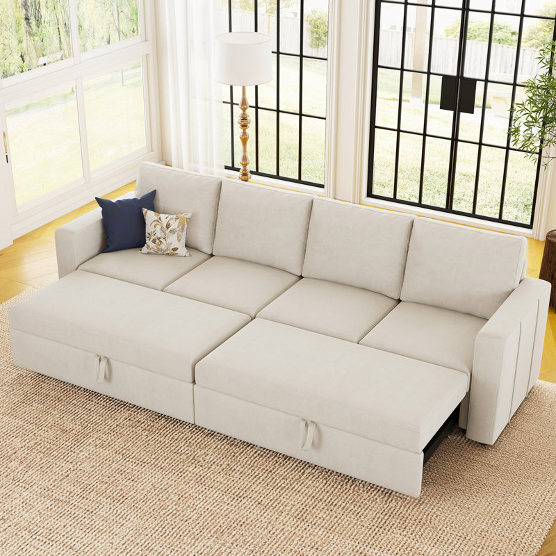 Canapé-lit modulaire en velours chenille 4 places, Velours beige