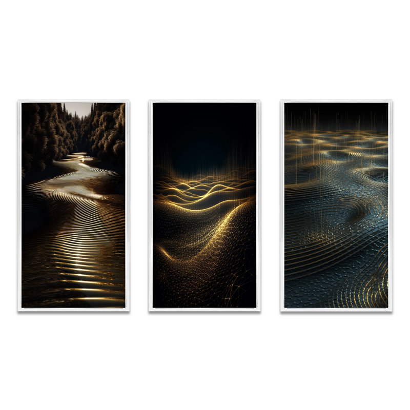 Lumière dorée réfléchie sur des ondes concentriques - ensemble de 3 impressions, H 40 po x l 60 po, Cadre flottant blanc