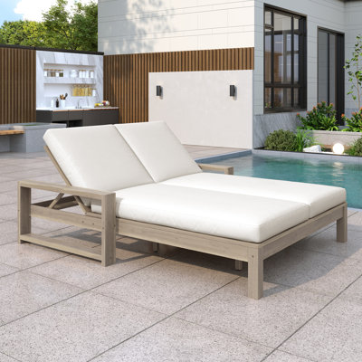 Outdoor Double Chaise Lounge, 5-Position Adjustable Backrest, Solid Wood, Dual Independent Cushions, Contemporary, Poolside, Patio Relaxation