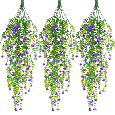 3 Pack Artificial Hanging Plants Fake Hanging Flowers Faux Eucalyptus Leaf Greenery Vine UV Resistant Plastic Plant for Indoor Outdoor Decor, Purple