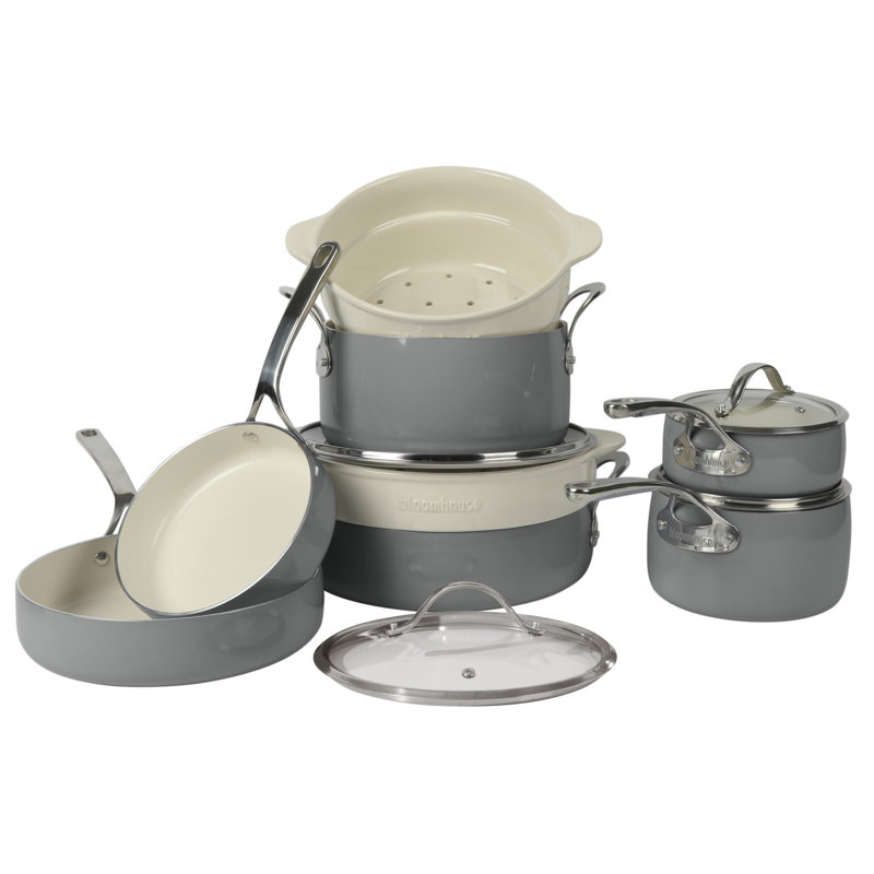 Batterie de cuisine antiadhésive en aluminium 12 pièces, Gris pierre