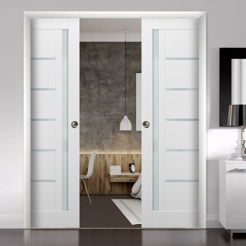 Quadro 4088 White Silk 48" x 84" Pocket Doors with Frosted Glass