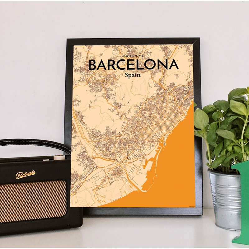 Barcelona City Map 1 Piece Wall Art, 43cm H x 28cm W x 0.13cm D