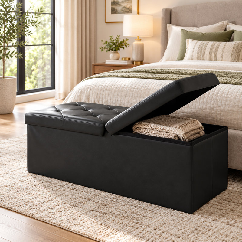 Banc de rangement avec repose-pieds pliable, coffre de rangement, repose-pieds et banc de chambre avec rangement, Black