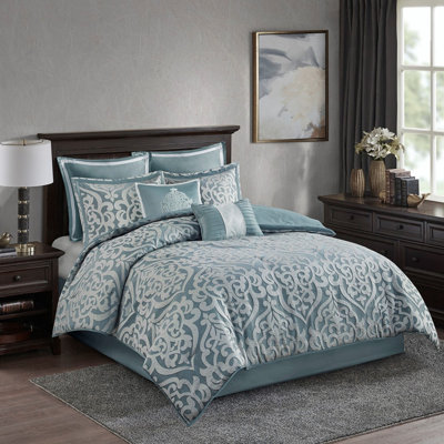 Ensemble de literie de luxe en jacquard 8 pièces, turquoise et argent, très grand californien
