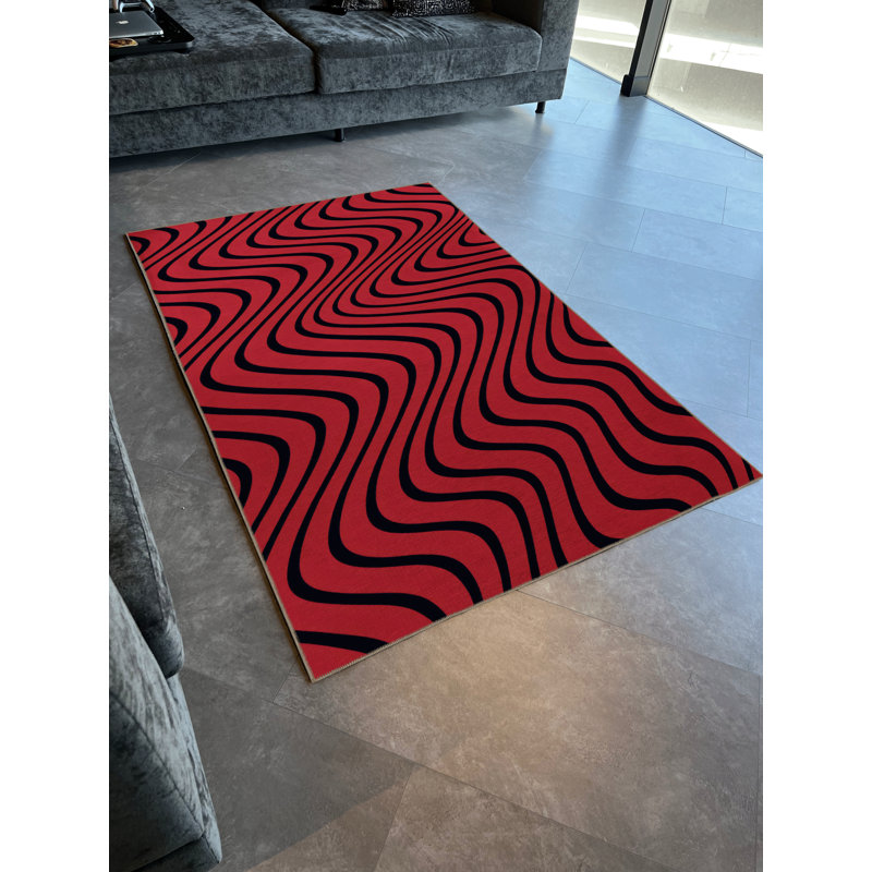 Tapis décoratif moderne en spirale ondulé noir Mira, Tapis de couloir 3 pi 3,37 po x 9 pi 10,11 po