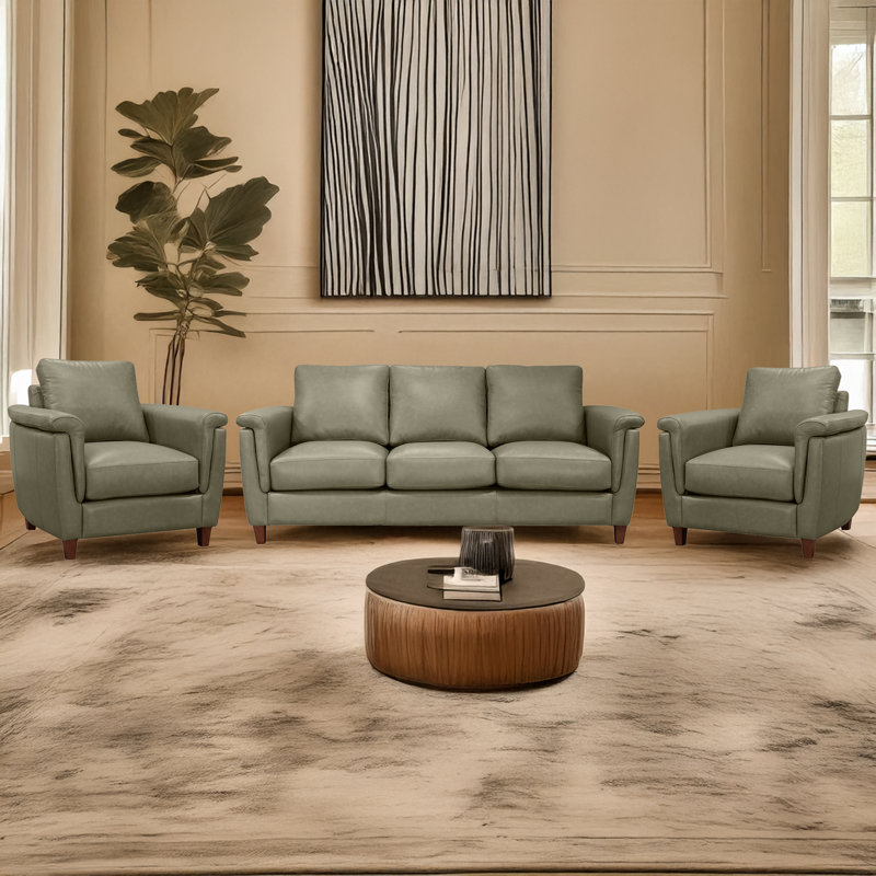 Ensemble de salon en cuir véritable Rambrij, Gris, 1 canapé et 2 chaises