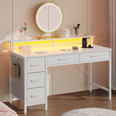 Computer Desk with Monitor Stand & Charging Station, Gaming Desk with LED Lights &  Drawers