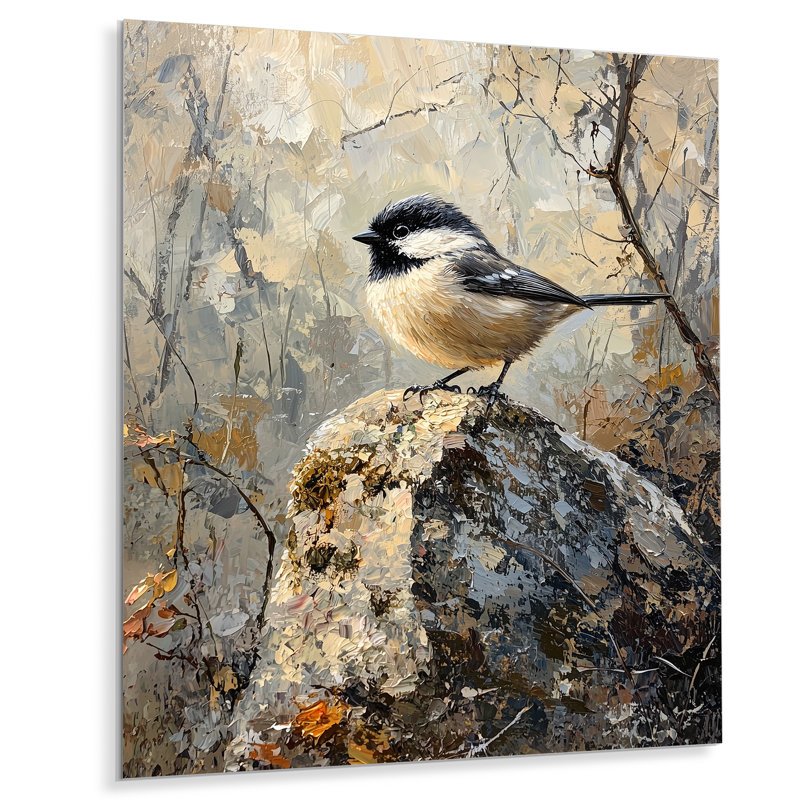 Chickadee Bird On A Pine Cone III - Modern Metal Art Print, Bird Metal Wall Decor, H 20 po x l 12 po