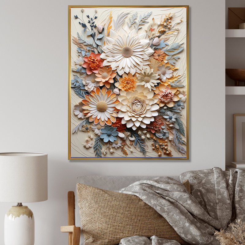 Couronne botanique beige «Unity» sur toile, Cadre flottant doré, H 32 po x l 24 po x P 1 po