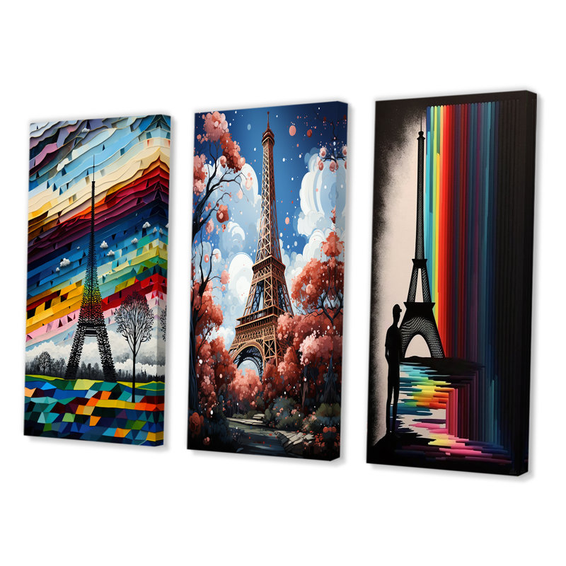 Ensemble 3 pièces Paris Tour Eiffel contemporaine arc-en-ciel III, Toile tendue, H 28 po x l 36 po