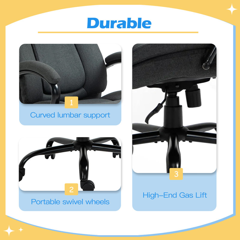 Big and Tall Office Chair, 484lbs Capacity, Wide Seat, Adjustable Height, Linen Fabric, Swivel Wheels
