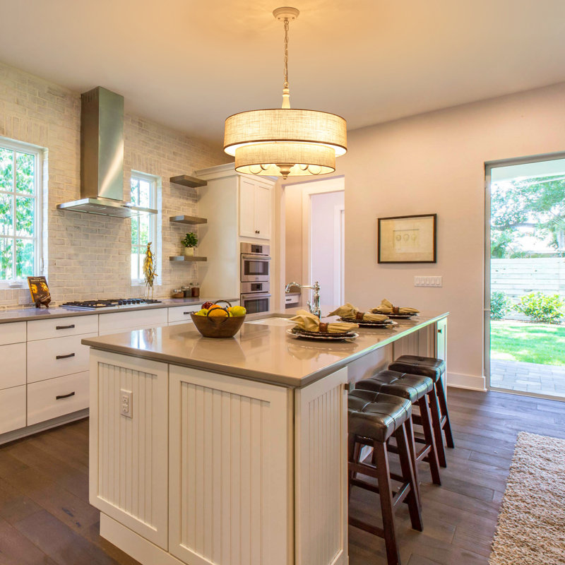 5 Light 21.26" Two Tiered Drum Chandelier With Fabric Shade For Dining Room Bedroom Kitchen Island Living Room Hallway