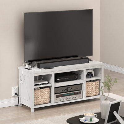 Meuble télé, centre de divertissement, console de télévision pour téléviseur de 55 po ou moins avec ports USB, prises de courant et rangement Furinno Farmhouse, pour salon, chambre à coucher, blanc