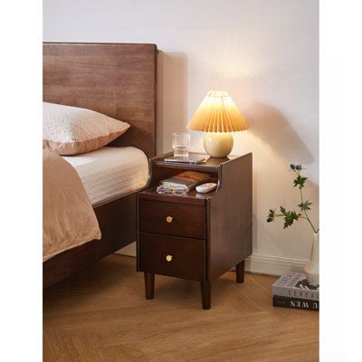 Solid Wood Nightstand with Two Drawers and Pull-out Panel Storage Bedside Table and Sofa Side Table