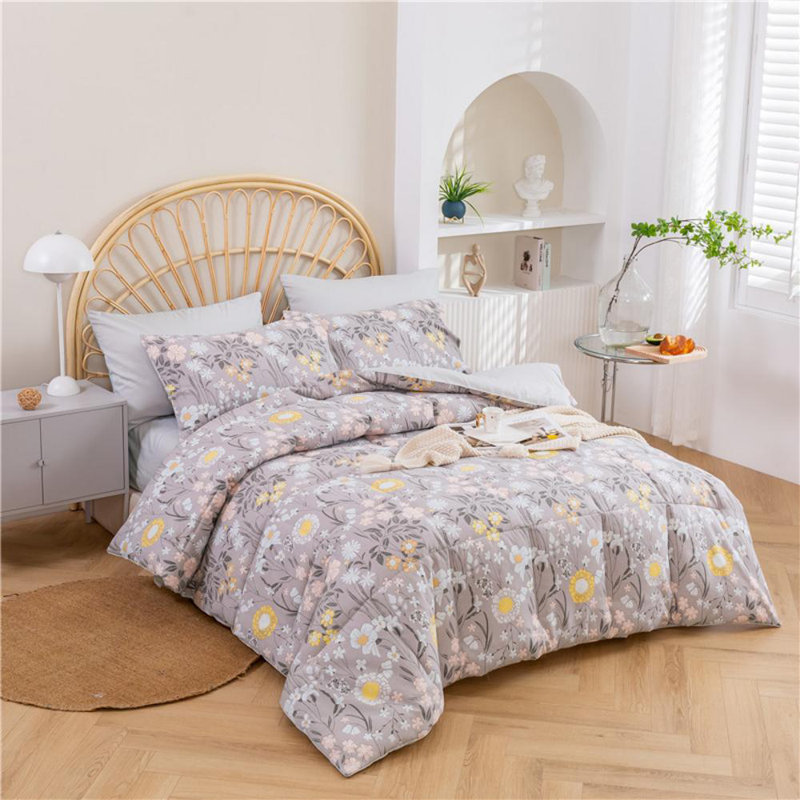 Cotton Blend Sateen Comforter, White/Yellow Floral, King Comforter  + 2 King Pillowcases