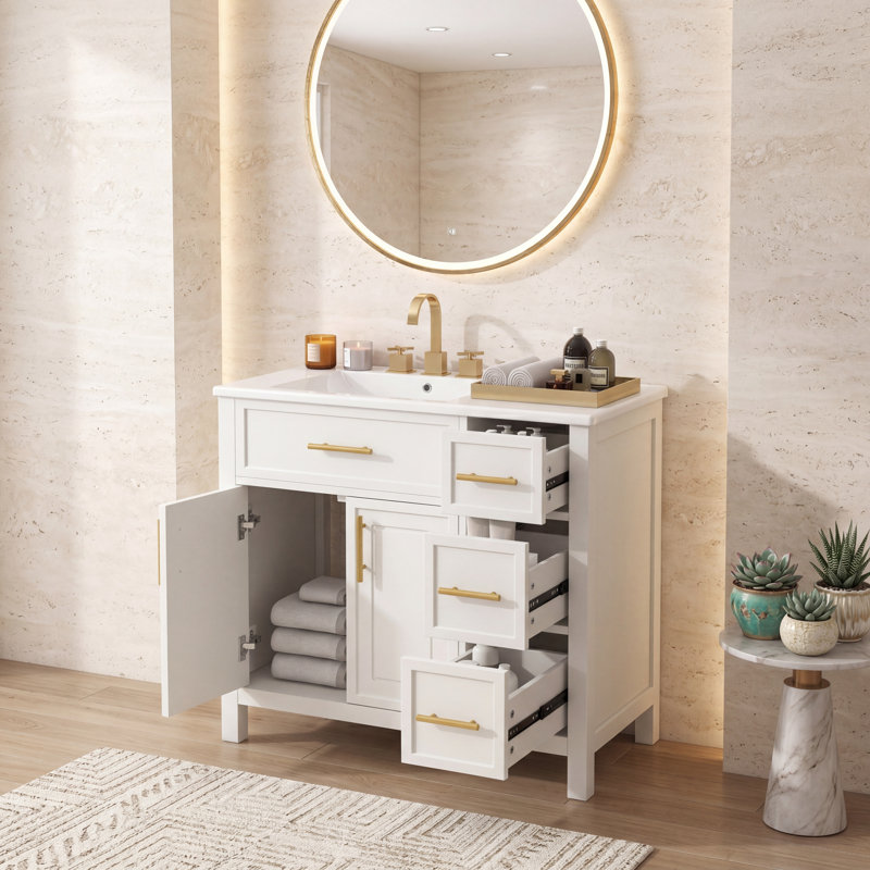 Meuble-lavabo de 36 po avec comptoir d'évier, armoire de rangement en bois massif et bois aggloméré avec 2 portes et 3 tiroirs, ensemble de rangement tout-en-un