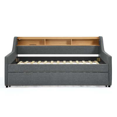 Upholstery Sofa Bed With Three LED Lights, With Storage Adjustable Headboard, With Foldable Leg Pull Up Trundle Bed And Wireless Charging, Linen Padded Sofa Bed Frame
