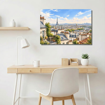 Paris Cityscape Eiffel Tower Rooftops Blue Sky Canvas Wall Art