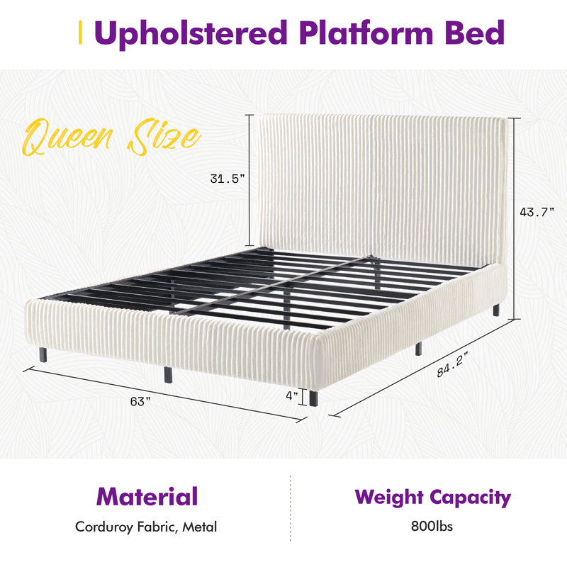 Queen Size Modern Upholstered Bed Frame with Vertical Corduroy Headboard,Cream, Cream, Queen