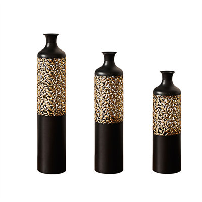 Glamorous Set Of 3 Floor Metal Vases With Polished And Hammered Gold Finishes, Perfect For Elevating Home Decor