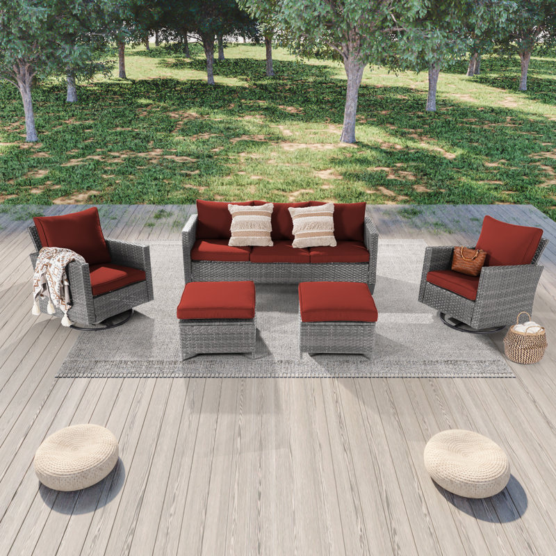 Ashvin 5 Piece Wicker Conversation Set with Cushions and Rocking Swivel Chairs, Brick Red