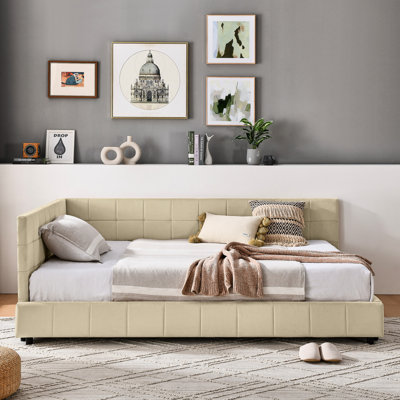 Comfortable Full Daybed With - Velvet In Beige For A Serene Bedroom And Living Room, Mid-Century Style Upholstered , Room