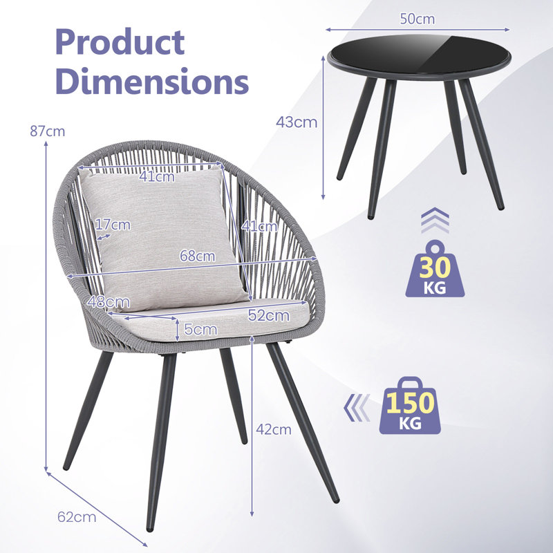 Romona 3 - Person Patio Dining Set with Round Table , Cushions Included