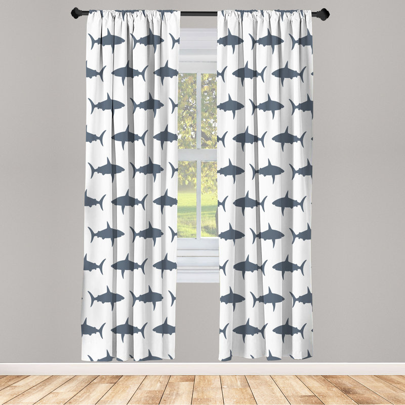 Ebern Designs Shark Curtains, Swimming Wild Fishes, Pair of 28", Charcoal Grey White, 28" W x 95" L