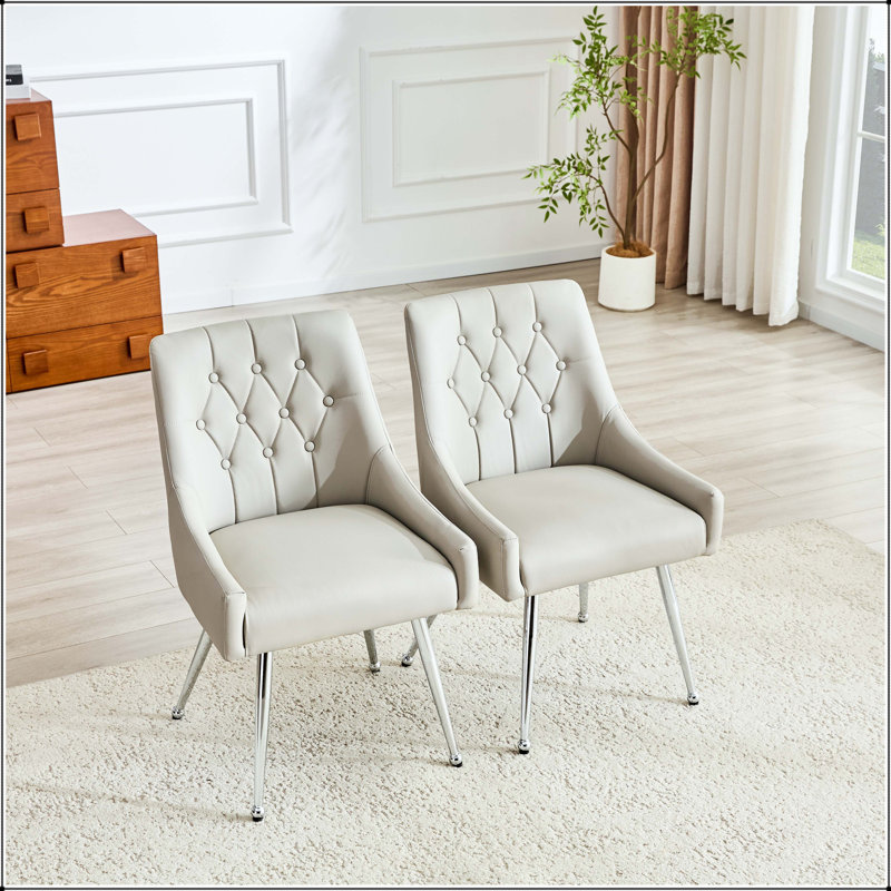 Chaise de salle à manger capitonnée en cuir avec dossier à losanges et poignée en métal - ensemble de 2, Light Grey, Argent