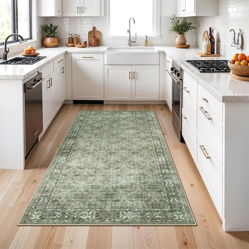 Washable Hallway Runner Rug: Vintage Soft Carpet for Living Room Entryway Non-Slip Water Resistant Thin Kitchen Floor Mat Wide Ultra Soft Area Rug for Bedroom Bathroom Dining Room(Green)