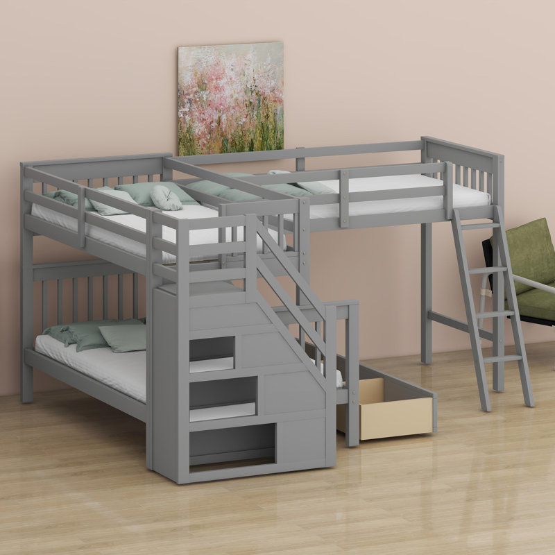 Space-Saving L-Shaped Bunk Bed Featuring Integrated Storage Drawers, Ladder and Staircase for Versatile Bedroom Arrangements