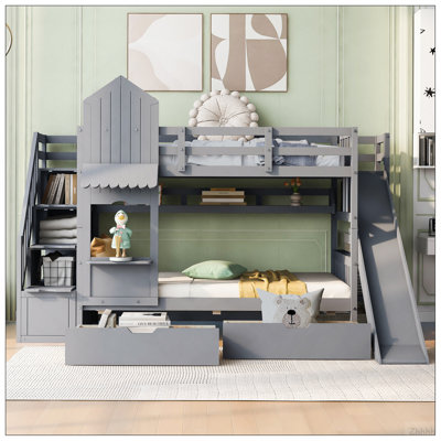 Lit superposé simple au-dessus d'un lit simple avec 2 tiroirs, 3 tablettes et glissade - gris