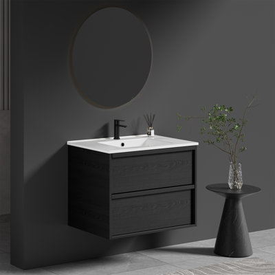 Meuble-lavabo mural Mid-Century moderne avec tiroirs à fermeture en douceur et lavabo en céramique