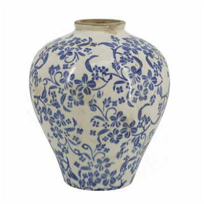 D9.1x11 "Vase rond en céramique avec finition blanche patinée et motif floral bleu