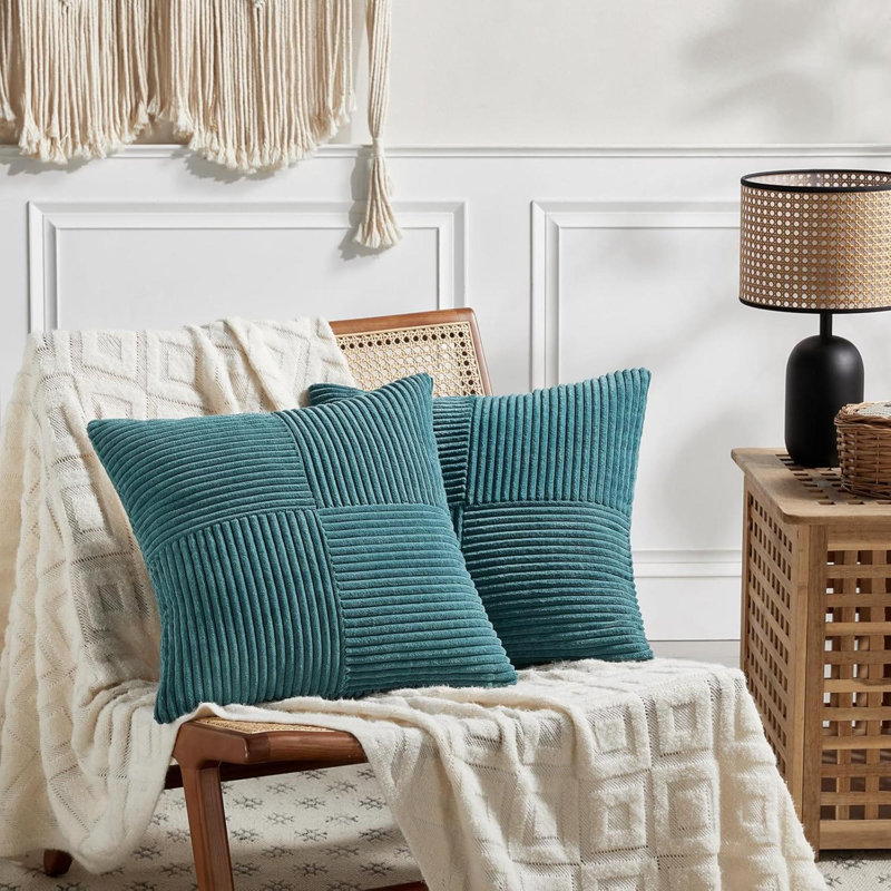 Ensemble de 2 housses de coussins décoratifs bleu sarcelle pour le canapé-lit du salon, décoration de maison de campagne rustique Boho, housse de coussin carré texturé en velours côtelé