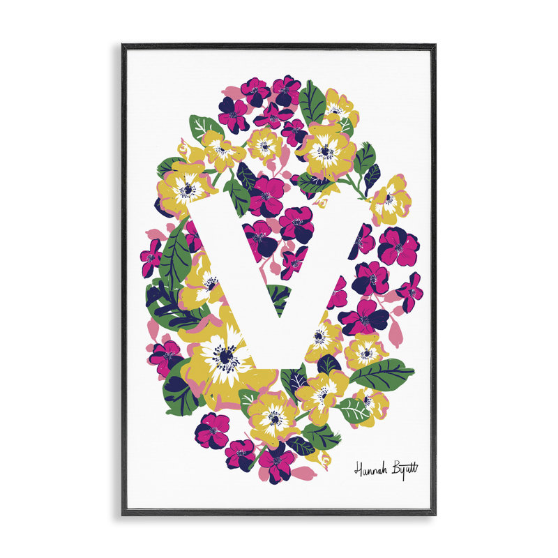 «Floral Bloom», lettre V, estampe numérique encadrée par Hannah Louise Byatt, H 18 po x l 12 po, Giclée encadrée noir minuit