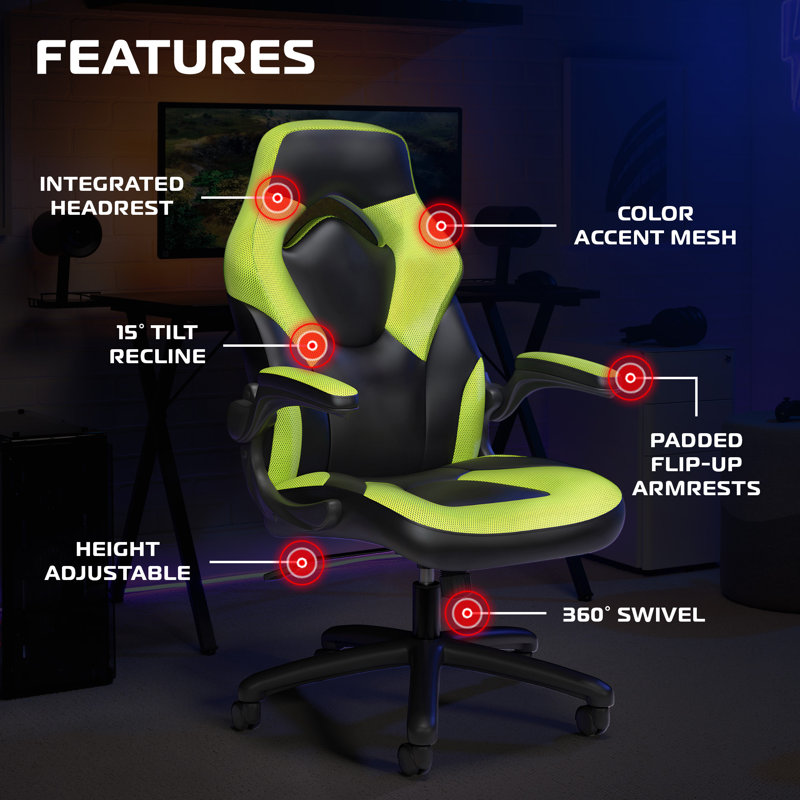 Fauteuil de jeu ergonomique pour adultes RESPAWN 3085, siège de bureau à haut dossier avec appui-tête et accoudoirs rabattables, siège de jeu en cuir de style course avec support lombaire, siège de bureau d'ordinateur de jeu vidéo