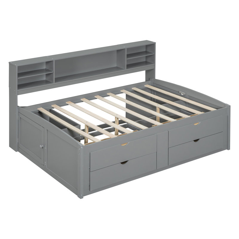 Full Size Wooden House Bed with Twin Size Trundle, Gray