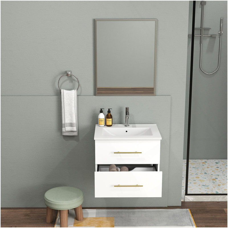 24-Inch Wall-Mounted Bathroom Vanity With Sink And Mirror Combo,Double Drawers, Ceramic Basin, Sliver Aluminum Frame,Easy Assemble,Long Handle In Gold Metal,2 Storage Drawers,Glossy White
