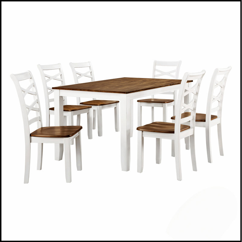 Ensemble repas 7 pièces cerisier et blanc avec chaises doubles à dossier en X, parfait pour les salles à manger décontractées de style champêtre