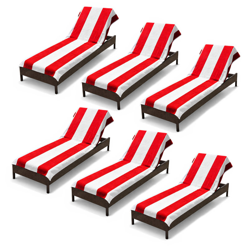 Superior Cabana Striped Cotton Standard Size Towel/ Chaise Lounge Chair Cover Set, Red, Beach Towel - 6 Pack