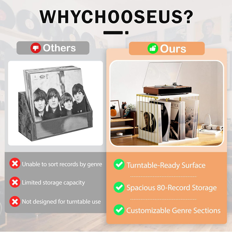 Rangement pour disque vinyle, porte-disque en métal et en bois jusqu'à 80 albums