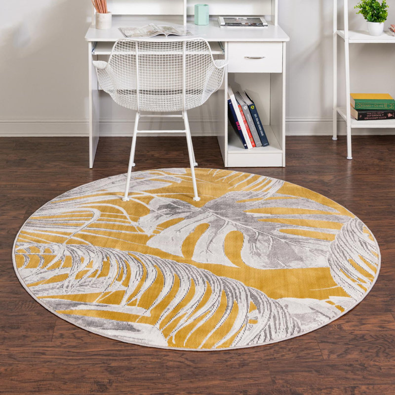 Tapis jaune / gris Adalheida, Rond 3 pi 3 po