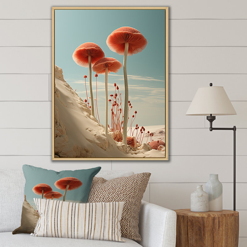 «Red Mushroom Serenity By The Beach», reproduction sur toile, H 44 po x l 34 po, Cadre flottant brun